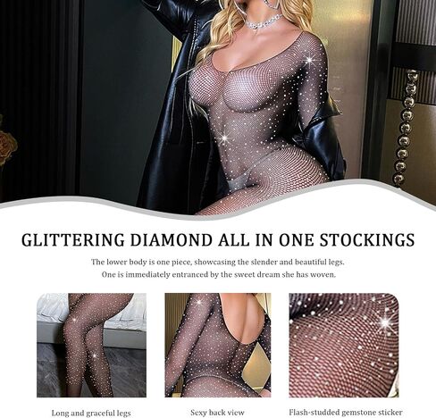 FRENZCOY Women Rhinestone Lingerie Fishnet Bodysuit Stretchy Mesh Bodystocking One Piece Babydoll in Kuwait