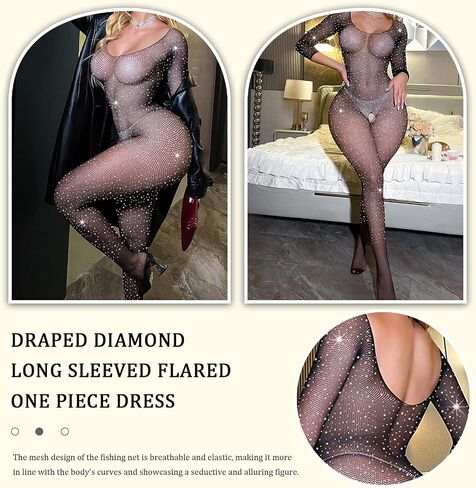 FRENZCOY Women Rhinestone Lingerie Fishnet Bodysuit Stretchy Mesh Bodystocking One Piece Babydoll in Kuwait