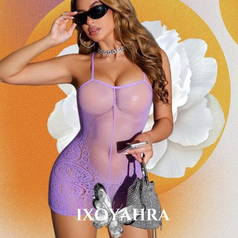 Women‘s Lavender Spaghetti Strap Fishnet Dress | Slip Mini Nightie Bodycon Mesh Dress | Cute Sexy Lingerie for Summer, Date Night, Party in Kuwait