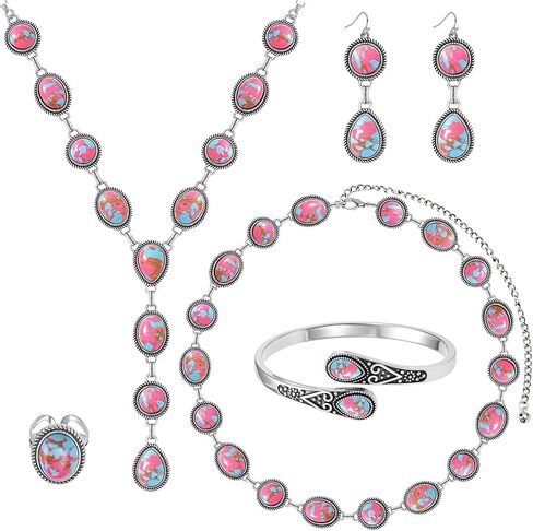 NEWITIN 6 Pieces Bohemian Jewelry Set for Women Western Turquoise Jewelry | Boho Vintage, Turquoise Necklace Bracelet Ring Belt Chain Earring Set, Country Cowgirl Accessory, Women Gifts, Costume Jewels in Saudi Arabia