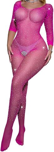 FRENZCOY Women Rhinestone Lingerie Fishnet Bodysuit Stretchy Mesh Bodystocking One Piece Babydoll in Kuwait