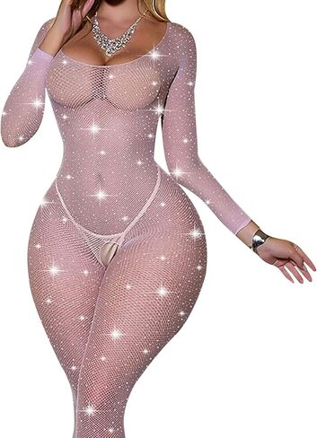 FRENZCOY Women Rhinestone Lingerie Fishnet Bodysuit Stretchy Mesh Bodystocking One Piece Babydoll in Kuwait