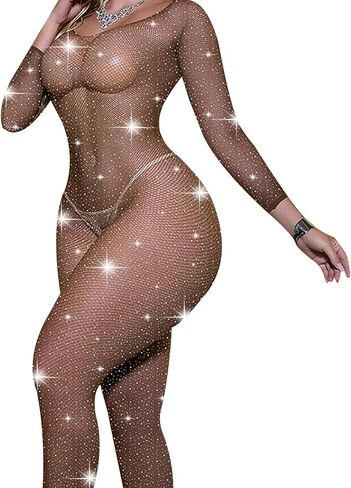 FRENZCOY Women Rhinestone Lingerie Fishnet Bodysuit Stretchy Mesh Bodystocking One Piece Babydoll in Kuwait