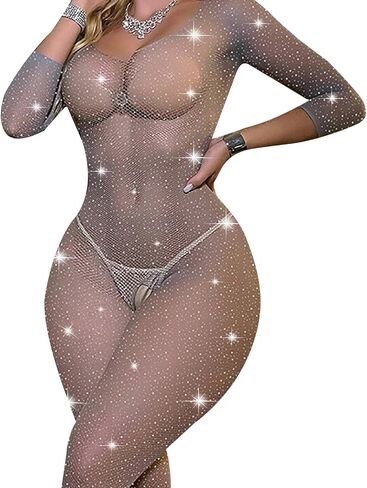 FRENZCOY Women Rhinestone Lingerie Fishnet Bodysuit Stretchy Mesh Bodystocking One Piece Babydoll in Kuwait