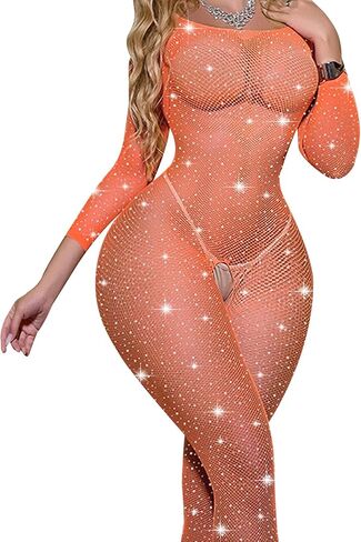 FRENZCOY Women Rhinestone Lingerie Fishnet Bodysuit Stretchy Mesh Bodystocking One Piece Babydoll in Kuwait