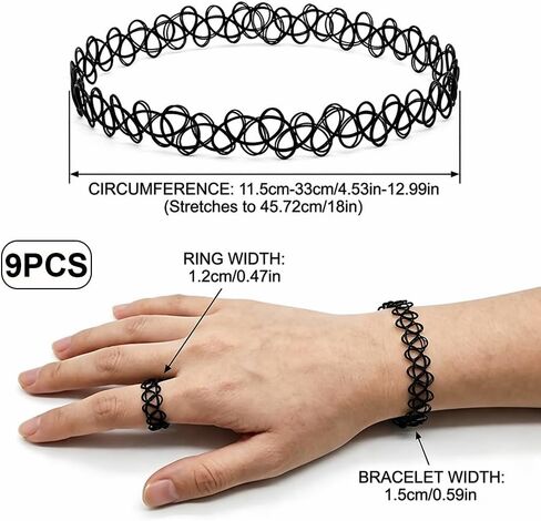90s Tattoo Choker Necklace Bracelet and Ring Set for Women, 9PCS Black Stretch Gothic Jewelry with 3 Chokers 3 Bracelets 3 Rings, Retro Grunge Y2K Aesthetic Accessories for Parties Festivals in Saudi Arabia