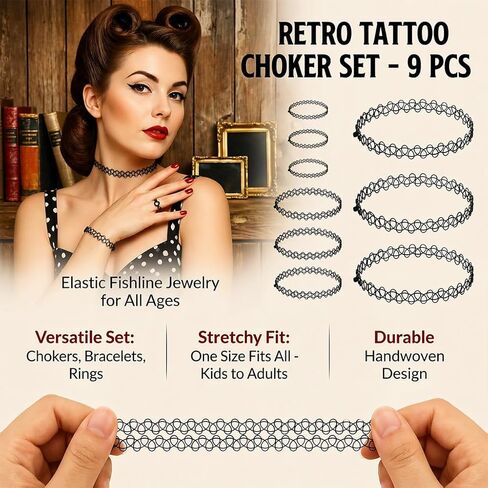 90s Tattoo Choker Necklace Bracelet and Ring Set for Women, 9PCS Black Stretch Gothic Jewelry with 3 Chokers 3 Bracelets 3 Rings, Retro Grunge Y2K Aesthetic Accessories for Parties Festivals in Saudi Arabia