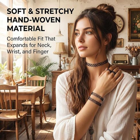 90s Tattoo Choker Necklace Bracelet and Ring Set for Women, 9PCS Black Stretch Gothic Jewelry with 3 Chokers 3 Bracelets 3 Rings, Retro Grunge Y2K Aesthetic Accessories for Parties Festivals in Saudi Arabia