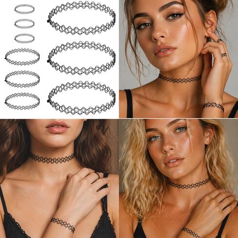 90s Tattoo Choker Necklace Bracelet and Ring Set for Women, 9PCS Black Stretch Gothic Jewelry with 3 Chokers 3 Bracelets 3 Rings, Retro Grunge Y2K Aesthetic Accessories for Parties Festivals in Saudi Arabia