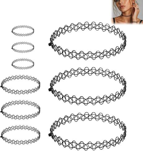 90s Tattoo Choker Necklace Bracelet and Ring Set for Women, 9PCS Black Stretch Gothic Jewelry with 3 Chokers 3 Bracelets 3 Rings, Retro Grunge Y2K Aesthetic Accessories for Parties Festivals in Saudi Arabia