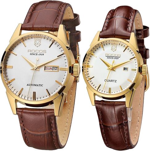 ROCOSJEWE R0101QL Couple Watch Set - Classic Gold Case with White Dial and Brown Leather Strap - Men's Automatic and Women's Quartz Luxury Watches - Gift in Kuwait
