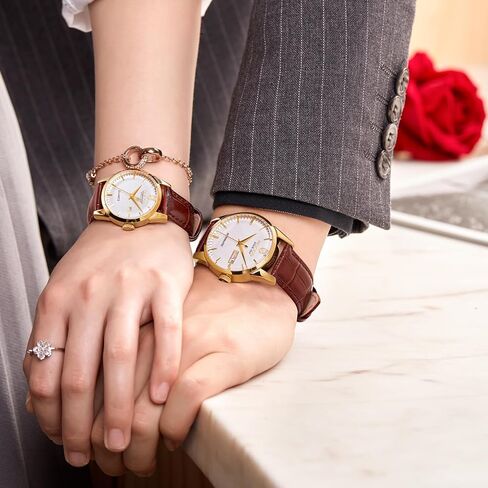 ROCOSJEWE R0101QL Couple Watch Set - Classic Gold Case with White Dial and Brown Leather Strap - Men's Automatic and Women's Quartz Luxury Watches - Gift in Kuwait