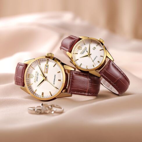 ROCOSJEWE R0101QL Couple Watch Set - Classic Gold Case with White Dial and Brown Leather Strap - Men's Automatic and Women's Quartz Luxury Watches - Gift in Kuwait