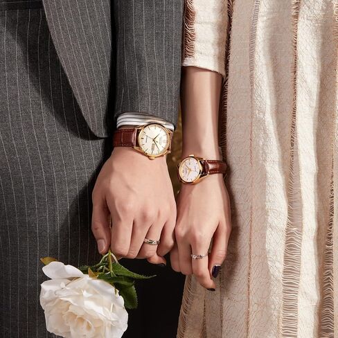 ROCOSJEWE R0101QL Couple Watch Set - Classic Gold Case with White Dial and Brown Leather Strap - Men's Automatic and Women's Quartz Luxury Watches - Gift in Kuwait