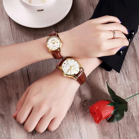 ROCOSJEWE R0101QL Couple Watch Set - Classic Gold Case with White Dial and Brown Leather Strap - Men's Automatic and Women's Quartz Luxury Watches - Gift in Kuwait