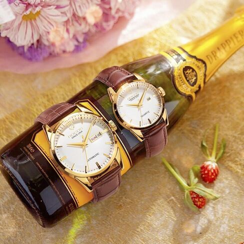 ROCOSJEWE R0101QL Couple Watch Set - Classic Gold Case with White Dial and Brown Leather Strap - Men's Automatic and Women's Quartz Luxury Watches - Gift in Kuwait
