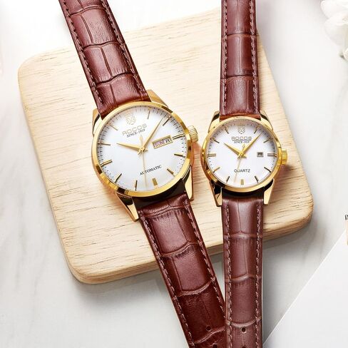 ROCOSJEWE R0101QL Couple Watch Set - Classic Gold Case with White Dial and Brown Leather Strap - Men's Automatic and Women's Quartz Luxury Watches - Gift in Kuwait