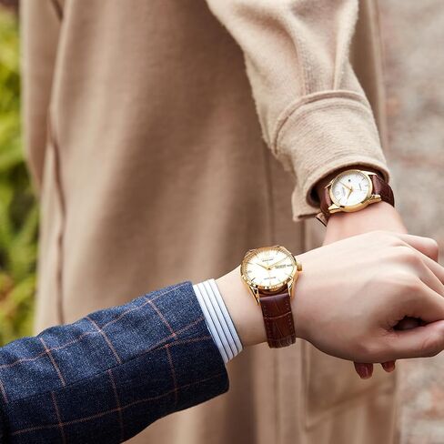 ROCOSJEWE R0101QL Couple Watch Set - Classic Gold Case with White Dial and Brown Leather Strap - Men's Automatic and Women's Quartz Luxury Watches - Gift in Kuwait
