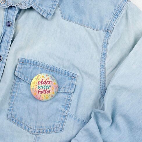 Birthday Pin – “Older Wiser Hotter" Funny Happy Birthday Button Badge for Women Men, Watercolor Confetti Party Photo Prop & Gift Bag Accessory, 2.25 Inch in Saudi Arabia