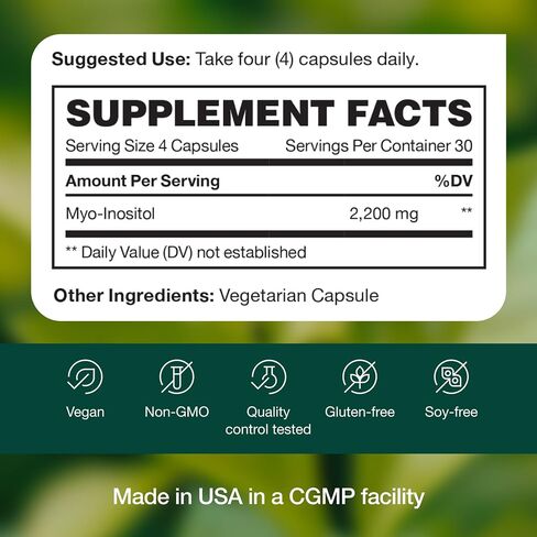 Myo-Inositol - 2200mg Strongest NMR Verified - 120 High Potency Powder Capsules - Best Value Myo Inositol - Made in The USA in Saudi Arabia