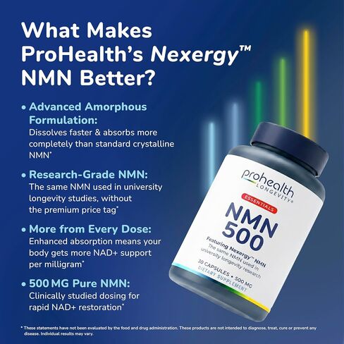 ProHealth Longevity Essentials NMN 500 (500mg, 30 Capsules) - Featuring Nexergy NMN 500mg Supplement, NAD+ Precursor, Dietary Supplement, Cellular Health, Metabolism Support in Saudi Arabia