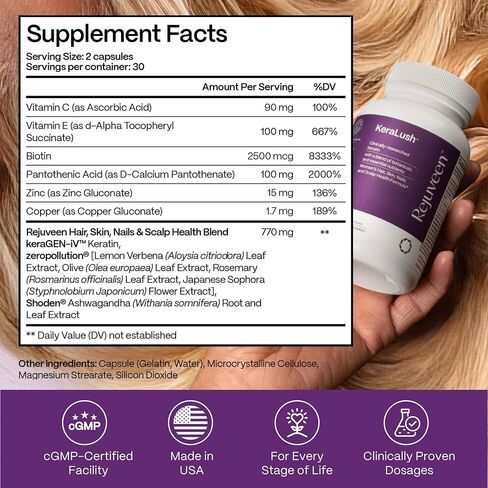 KeraLush Hair Vitamins for Women | Supports Healthy Thick Hair & Volume, Strong Roots, Scalp Care | Biotin, Patented Keratin, Ashwagandha, Vitamin B5, Protects from Pollutants | 30 Servings in Saudi Arabia