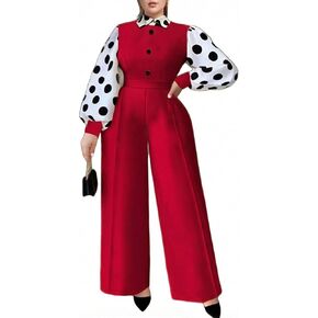 ONTINVA Women's Ploka Dot Jumpsuit Lapel Neck Formal Business Casual Romper Wide Leg Pants Going Out Palazzo Outfits in Saudi Arabia