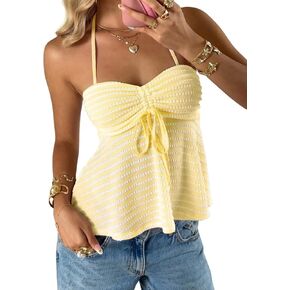 SISKIN Women's Halter Crop Tops Striped Drawstring Knot Ruffle Hem Slim Fit Halter Top Summer Casual Vacation Wear in Saudi Arabia