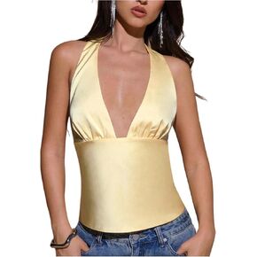 MakeMeChic Women's Y2k Party Satin Halter Top Tie Open Back Low Cut Fitted Tops in Saudi Arabia