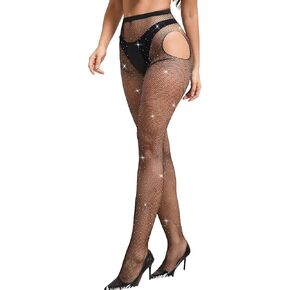 Women's Rhinestone Fishnet Tights High Waist Shimmery Hollow Out Stockings Sexy Sparkly Pantyhose Plus Size in Saudi Arabia