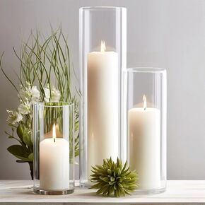 Sandraheer 12-Pack White Pillar Candles with Clear Hurricane Glass Vases - 3-Size Set for Wedding Table Centerpieces, Home Decor | Windproof Candle Holders in Saudi Arabia