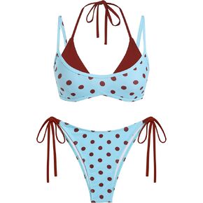 ZAFUL Women's Polka Dot Bikini Set Double Layer Halter Swimsuit Colorblock Side Tie 2 Piece Bathing Suit in Kuwait