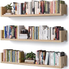 Wall Bookshelf, Set of 3, 36 Inches U Shaped Wall Shelves, Long Deep Floating Shelves, Large Floating Book Shelves - Wood Hanging Bookshelves for Kitchen, Bedroom (Light Brown, 35.4 Inches) in Saudi Arabia