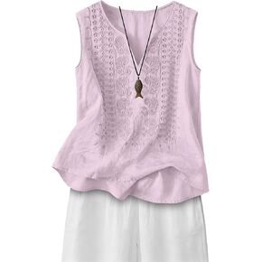 Embroidered Tops for Women Cotton Linen V Neck Sleeveless Gauze Shirts Casual Summer Loose Boho Vacation Tank Top in Saudi Arabia