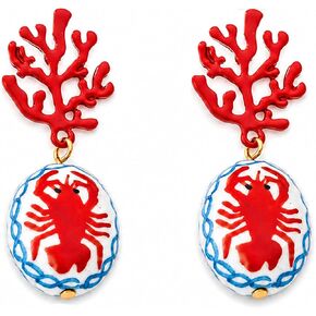 Red Coral Lobster Fish Dangle Earrings for Women, Coastal Statement Drop Mediterranean Ceramic Inspired Ocean Cute Summer Beach Vacation Jewelry Gift in Saudi Arabia