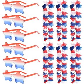 Patriotic Red White and Blue Flower Leis and Star Sunglasses for 4th of July,Flower Necklace Party Decorations 12PCS in Saudi Arabia