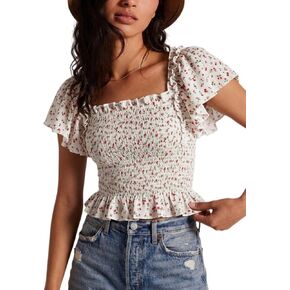Women Ruffle Short Sleeve Tops Smocked Square Neck Crop Top Casual Summer 2026 Shirred Flowy Cute Beach Blouses in Saudi Arabia