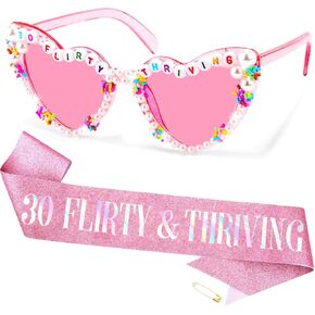 KICOSY 30th Birthday Sunglasses for Women, 30 Flirty and Thriving Heart Sunglasses, 30th Birthday Glasses, Pink Heart Shaped Sunglasses for 30th Birthday Party Decorations, Photo Booth Props in Kuwait