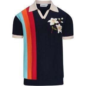 OXKNIT Men's Knit Short Sleeve Shirts Retro Embroidery Floral Pattern Knitted Polo Shirt Dark Blue V-Neck Polo Knitwear in Saudi Arabia