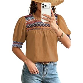 Falechay Womens Summer Tops Boho Geometric Ruffle Crewneck Blouses Puff Short Sleeve Shirts Dressy Casual Chiffon Tunic in Saudi Arabia