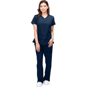 NY Threads Medical Scrub Set for Women, 1 Scrub Top and 1 Scrub Pant Loose Fit, Soft Stretch, Large, Navy in Kuwait