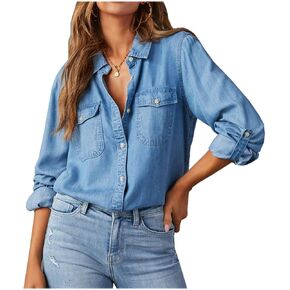 Womens Lightweight Denim Long Sleeve Snap Button Down Shirt with Pockets Late Summer Early Fall Spring Blouse in Saudi Arabia
