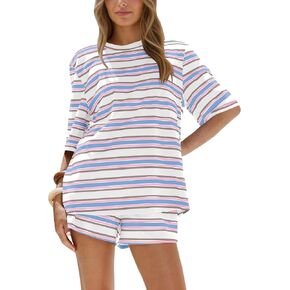 Striped 2 Piece Set for Women Summer Oversized Short Sleeve T Shirt Elastic Waist Shorts Matching Lounge Set Pajama in Saudi Arabia