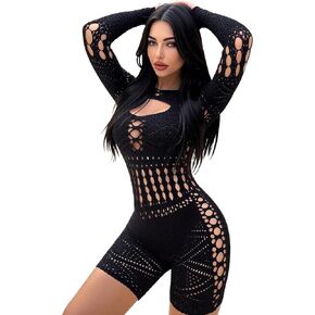 Sexy Hollow Out Mesh Bodysuit for Women - Long Sleeve Fishnet Lingerie | Rave Party, Club wear in Saudi Arabia