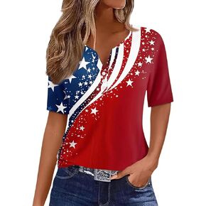 Womens Tops Fashion Short Sleeve Print Round Neck Blouses Henley Neck Casual T Shirts Loose Fit in Saudi Arabia