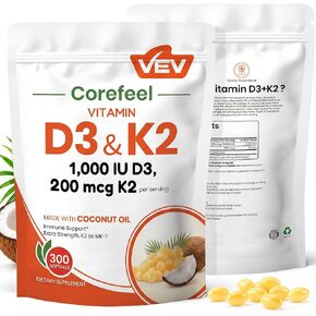 VEV Vitamin D3 K2 Softgels 10,000 IU & 200 mcg MK-7, Bone & Joint Support Supplement, Immune Support Formula with Coconut Oil, 300 Softgels in Saudi Arabia
