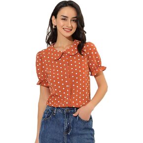 Allegra K Women's Polka Dots Shirt Short Puff Sleeve Vintage Button Up Peter Pan Collar Blouse Tops in Saudi Arabia