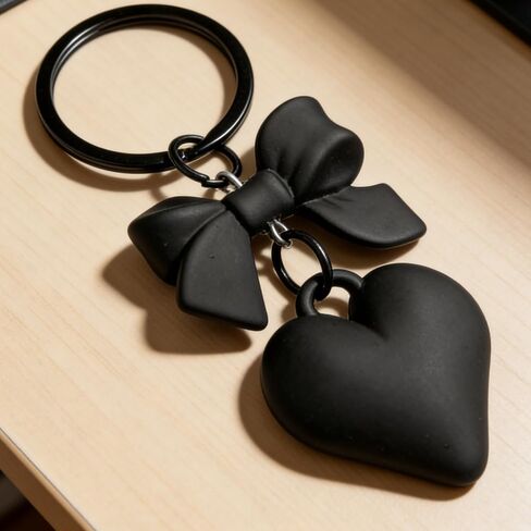 Black Heart and Bow Keychain – Cute Bag Charm & Purse Charm, Dainty Key Ring for Women & Girls, Bow Heart Accessory in Saudi Arabia