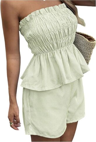 SweatyRocks Women's 2 Piece Vacation Outfits Striped Ruffle Hem Tube Top and Shorts Set Summer in Saudi Arabia