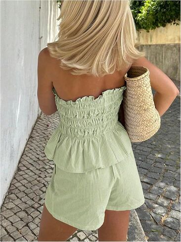 SweatyRocks Women's 2 Piece Vacation Outfits Striped Ruffle Hem Tube Top and Shorts Set Summer in Saudi Arabia